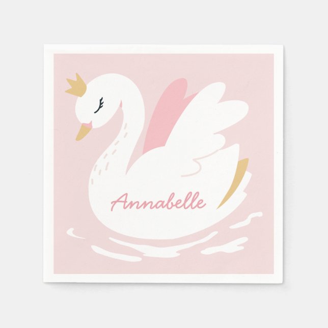 Pink girly cute swan elegant birthday personalized napkin (Front)