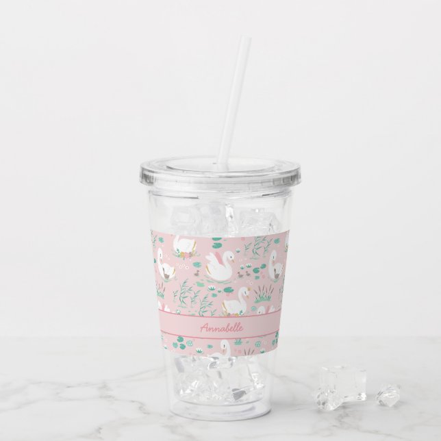 Pink girly cute swan floral elegant beautiful acrylic tumbler (Back Ice)