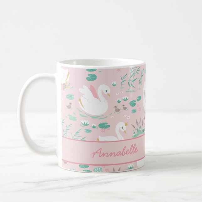 Pink girly cute swan floral elegant beautiful coffee mug (Left)