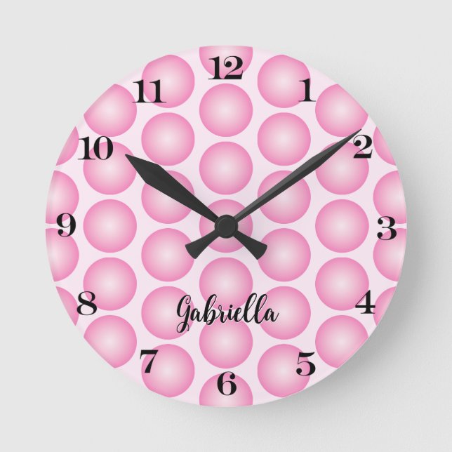Pink Girly Dots Black Script Name Wall Clock (Front)