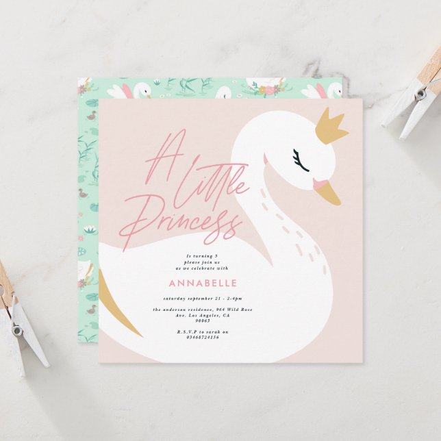Pink girly elegant photo beautiful swan children i invitation (Front/Back In Situ)