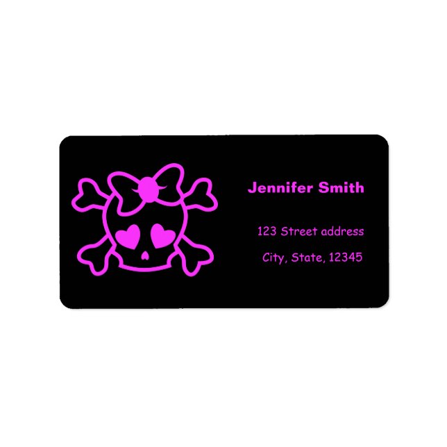 Pink girly emo skull with bow label (Front)
