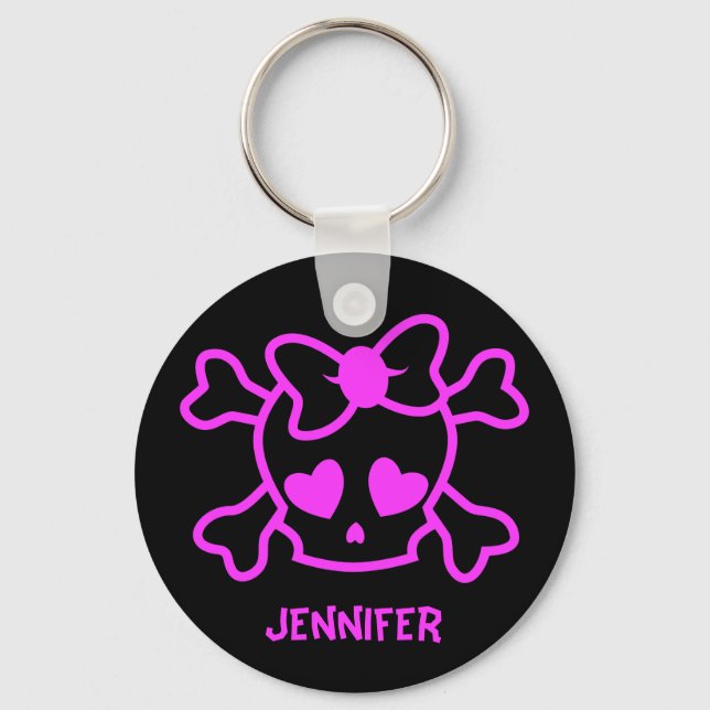 Pink girly emo skull with bow name girl keychain (Front)
