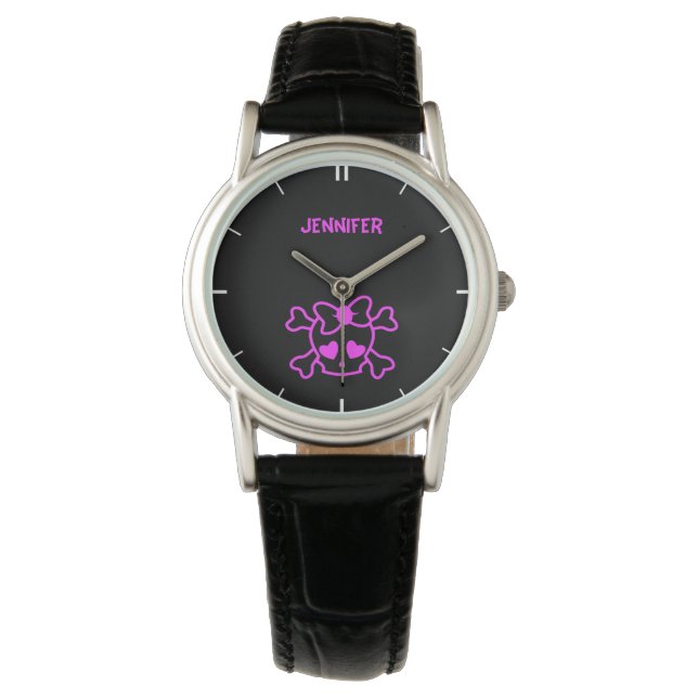 Pink girly emo skull with bow name teen girls watch (Front)