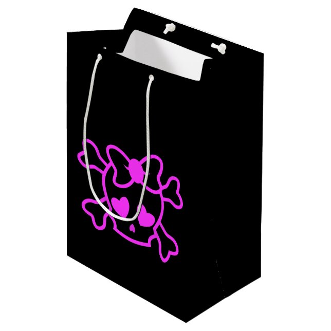 Pink girly emo skull with bow teenage girl black medium gift bag (Front Angled)