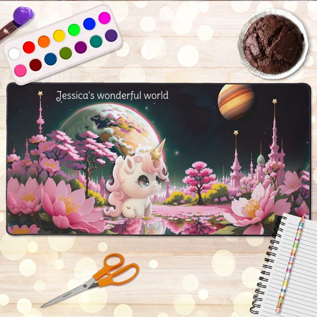Pink Girly Fantasy Unicorn World Desk Mat (Back to school: a pink girly desk mat featuring a fantasy world with a magical unicorn.)