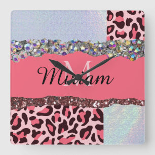 Pink Girly Feminine Rose Gold Monogram Clock