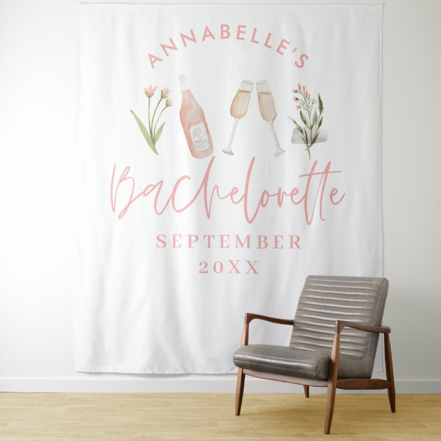 Pink girly floral champagne bachelorette stylish tapestry (In Situ)