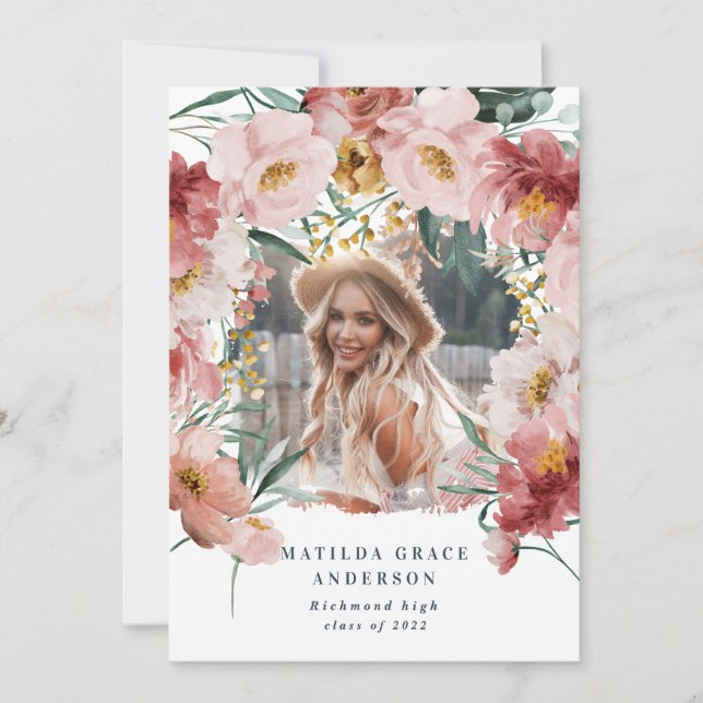 Pink girly floral photo graduation announcement (Front)