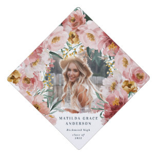 Pink girly floral photo graduation party  cap topper