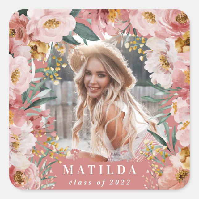 Pink girly floral photo graduation party elegant square sticker (Front)