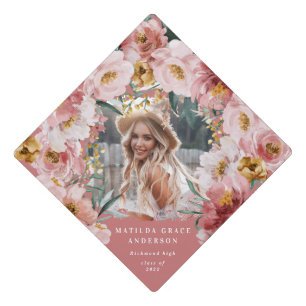 Pink girly floral photo graduation party  graduati cap topper