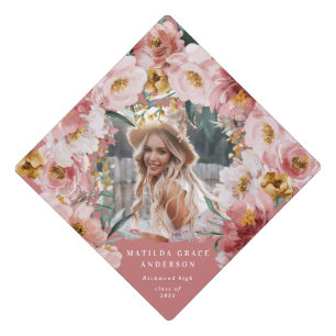 Pink girly floral photo graduation party graduati graduation cap topper