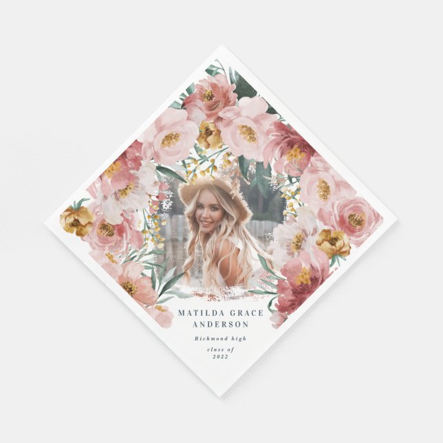 Pink girly floral photo graduation party napkin (Corner)