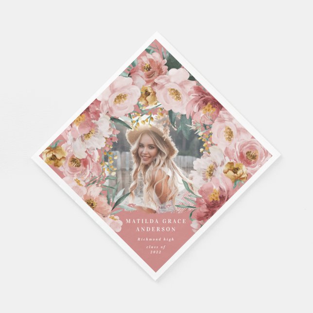 Pink girly floral photo graduation party napkins (Corner)