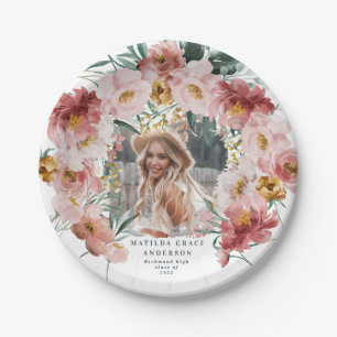 Pink girly floral photo graduation party paper plate