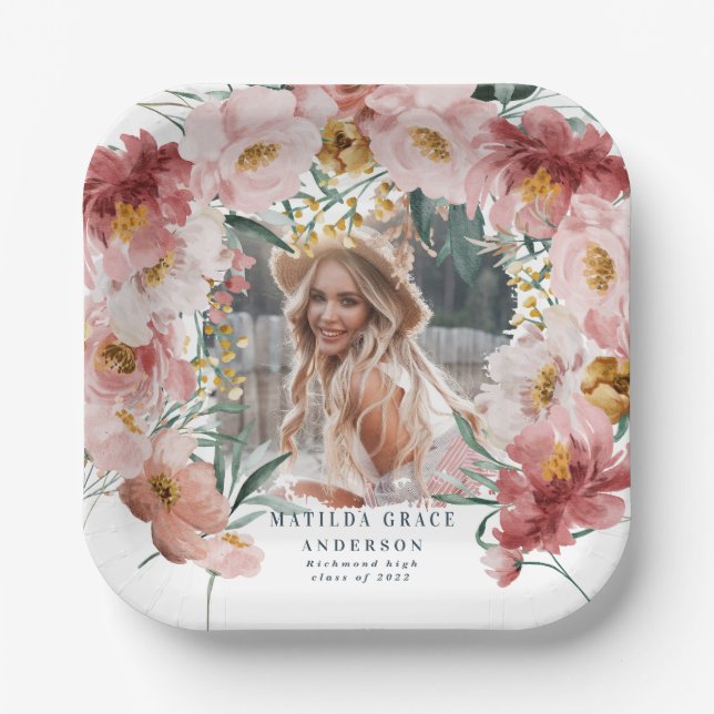 Pink girly floral photo graduation party paper plate (Front)