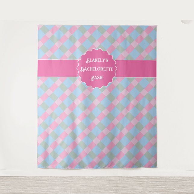 Pink girly gingham plaid bachelorette Tapestry (Front)