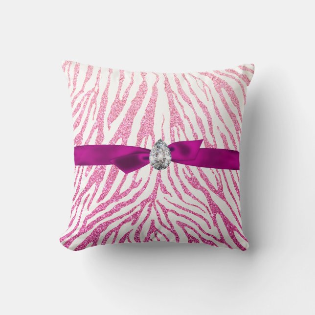 Pink Girly Glitter Zebra Pattern Ribbon Diamond Throw Pillow (Front)