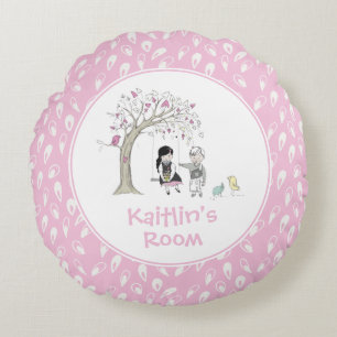 Pink Girly Kids Birds Tree Swing Personalized Round Pillow