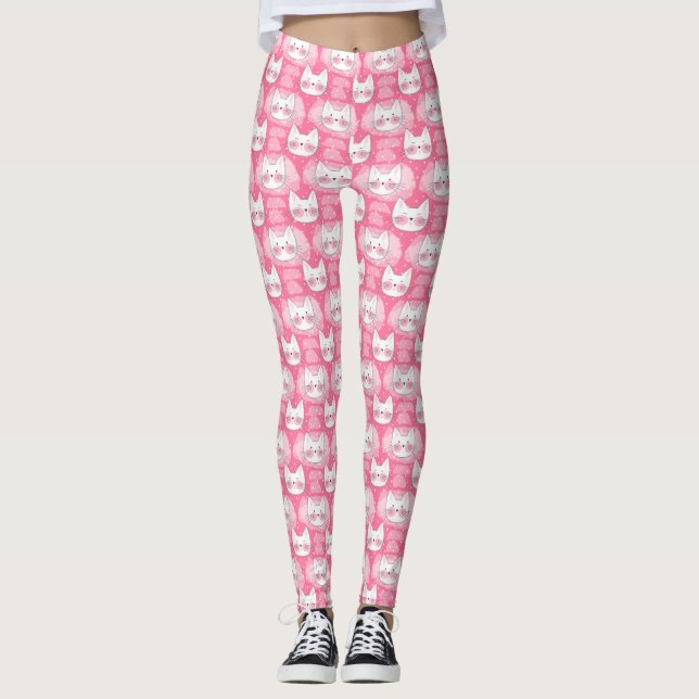 Pink Girly Kitty Cat Smiling Kittens Japanese Leggings (Front)