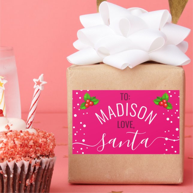 Pink & Girly "Love, Santa" Custom Name Holiday Sticker (Party)