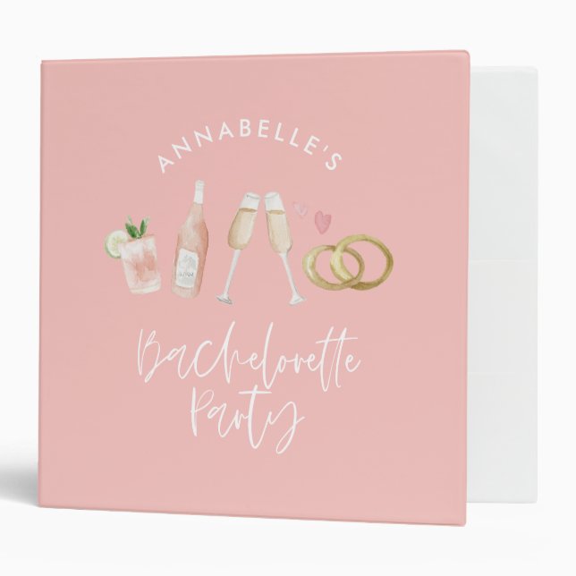 Pink girly modern cocktail script bachelorette 3 r binder (Front/Inside)