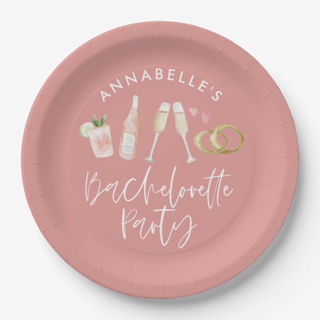 Pink girly modern cocktail script bachelorette pap paper plate (Front)