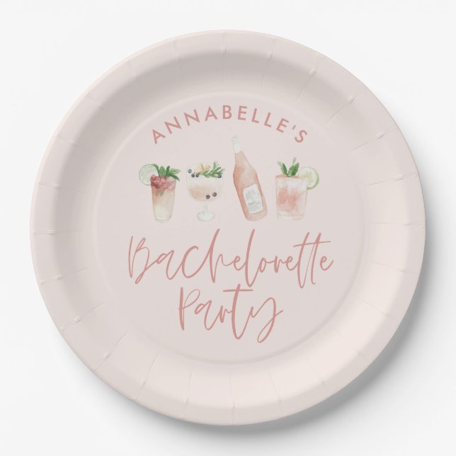 Pink girly modern cocktail script bachelorette paper plate (Front)