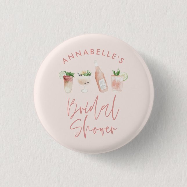 Pink girly modern cocktail script bridal shower 1 inch round button (Front)