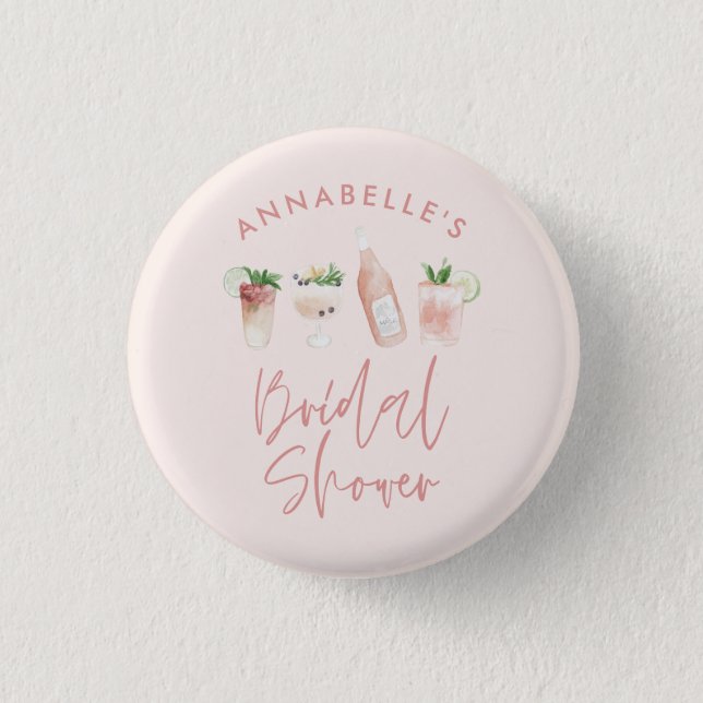 Pink girly modern cocktail script bridal shower 1 inch round button (Front)