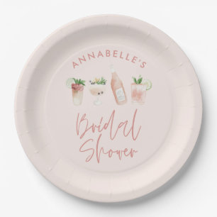 Pink girly modern cocktail script bridal shower paper plate