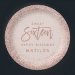Pink girly modern glitter 16th birthday party paper plate<br><div class="desc">Pink girly modern rose gold glitter effect 16th birthday party decor. Part of a collection.</div>