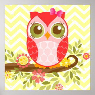 Pink Girly Owl Wall Poster
