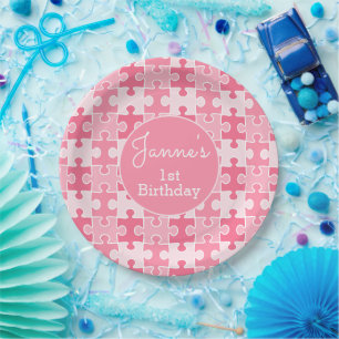 Pink Girly Puzzle Pieces Paper Plate