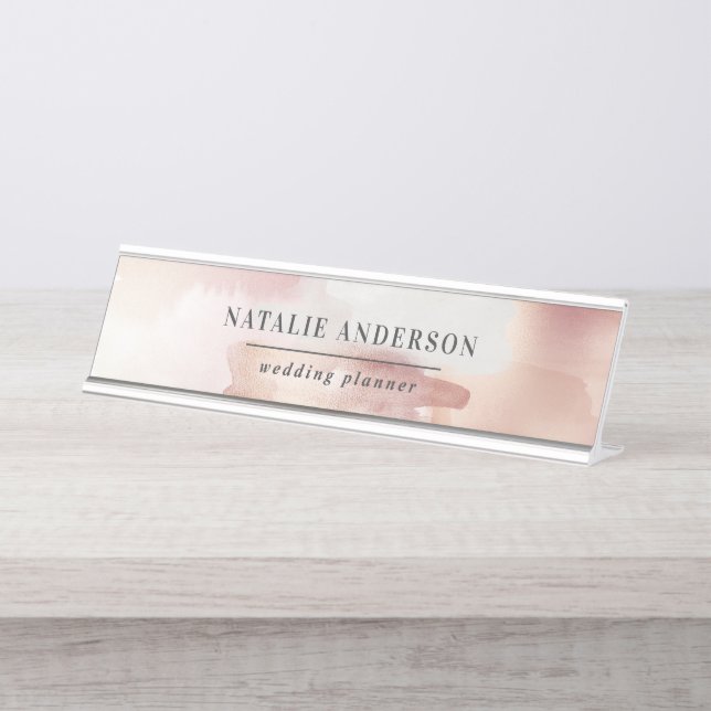 Pink girly rose gold modern stylish business card desk name plate (Front)