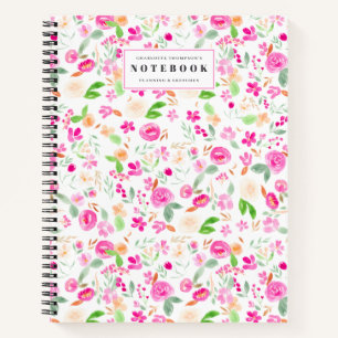 Pink girly roses chic blush floral watercolor name notebook