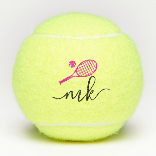 Pink Girly Script Monogram Initials Tennis Balls (Front)
