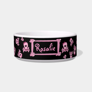 Pink Girly Skull with Bow Personalized Pet Bowl