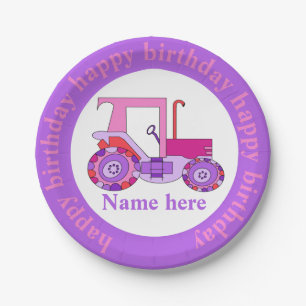 Pink Girly Tractor Happy Birthday Paper Plate