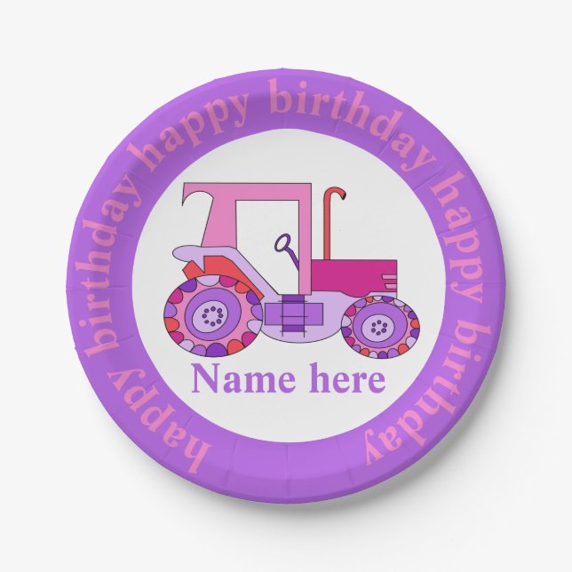 Pink Girly Tractor Happy Birthday Paper Plate (Front)