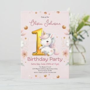 Pink Girly Unicorn 1st Birthday  Invitation