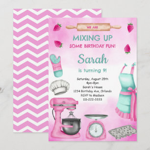Pink Girly Watercolor Baking Birthday Invitation