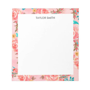 Pink Girly Watercolor Floral Pattern Personalized Notepad