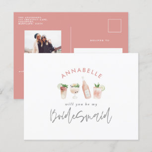 Pink girly watercolor painted drinks bridesmaid invitation postcard