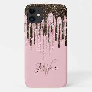 Pink Girly Womens Bling Black Script Name iPhone 11 Case