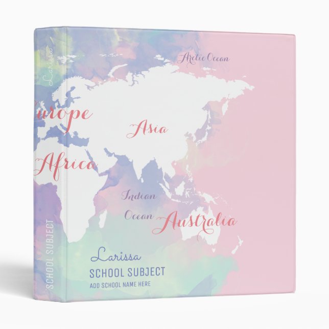 pink girly world map for geography lessons binder (Front/Spine)