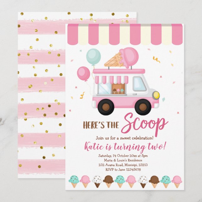 Pink Glace camion d'anniversaire invitation fête (Devant / Derrière)