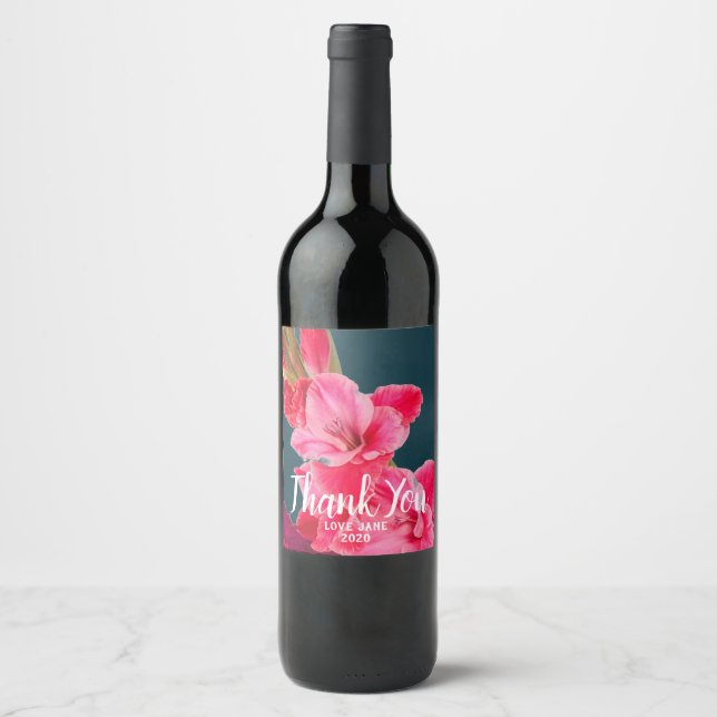 Pink gladioli floral modern thank you gift wine label (Front)