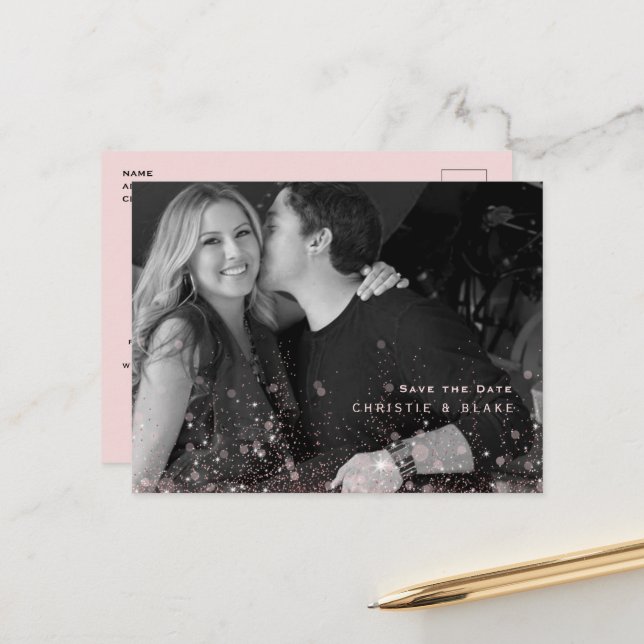 Pink Glam B/W Photo Wedding Save the Date QR Code Postcard (Front/Back In Situ)